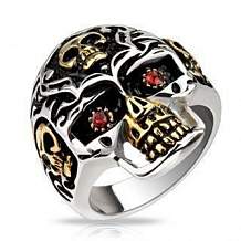 Изображение кольцо двухцветное с золотыми черепами и красными цирконами в глазах spikes KL-000698